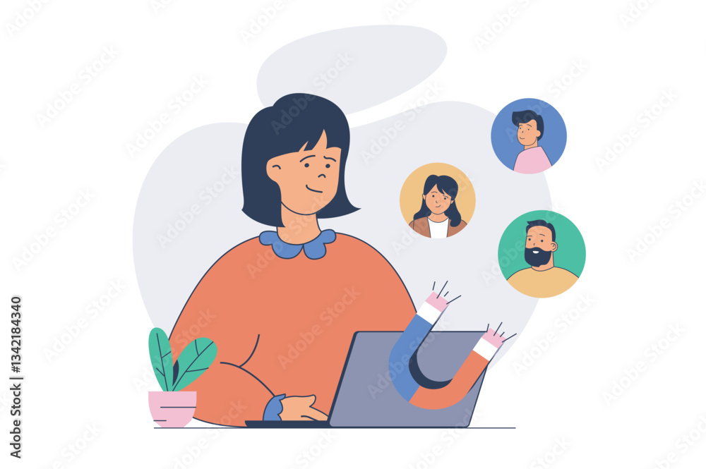 Aufkleber digital marketing concept with cartoon people in flat design for web. woman creating advertising con