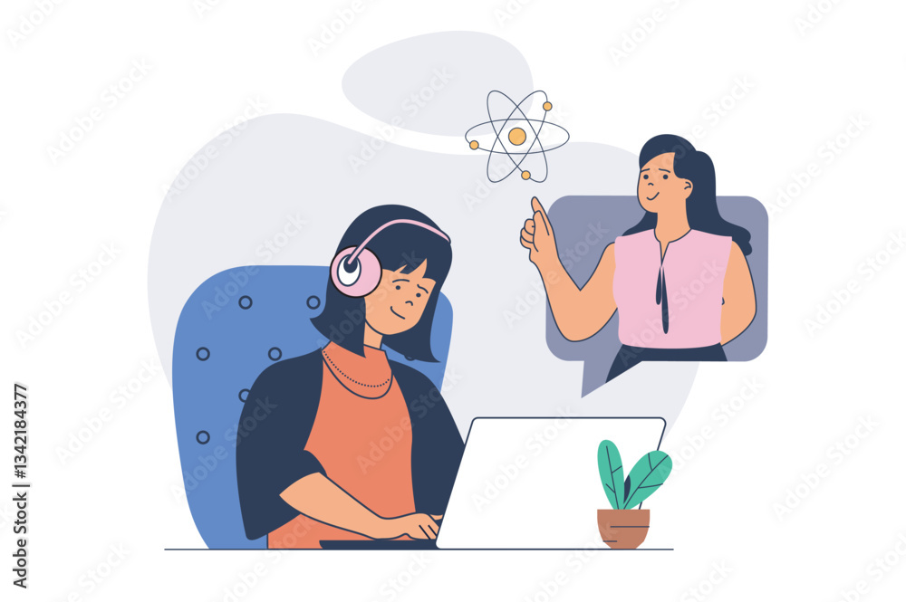 Poster education concept with cartoon people in flat design for web. student listening online lecture, stud