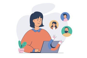 Digital marketing concept with cartoon people in flat design for web. Woman creating advertising content with magnet for attracting new clients, making online promotion campaign. Vector illustration.
