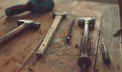 Rustic woodworking tools on a wooden workbench with hammer, drill, and scattered screws, subtle grain, defocused, soft focus edges, vintage photo