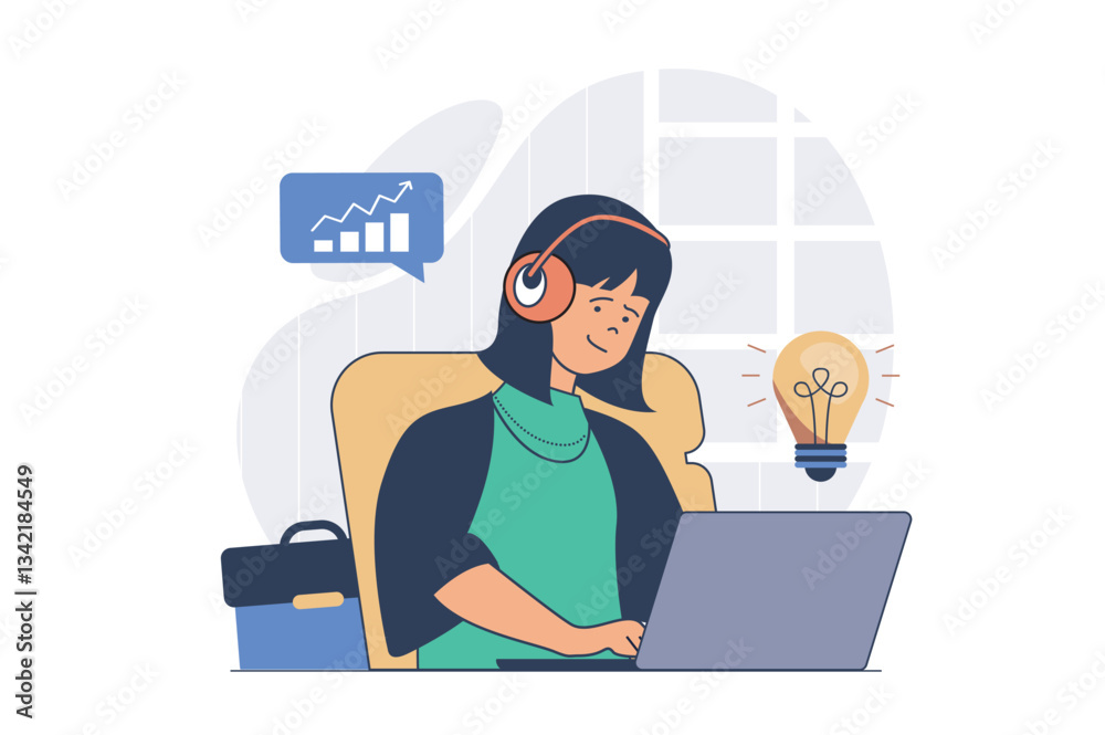 Poster freelance concept with cartoon people in flat design for web. woman working online at home and doing