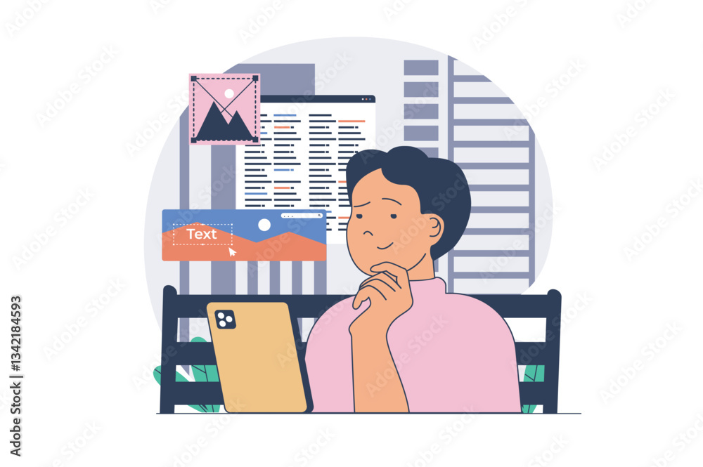 Leinwandbilder freelance concept with cartoon people in flat design for web. man working online from mobile phone w