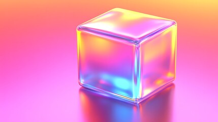 A reflective holographic cube rests on a vibrant gradient surface