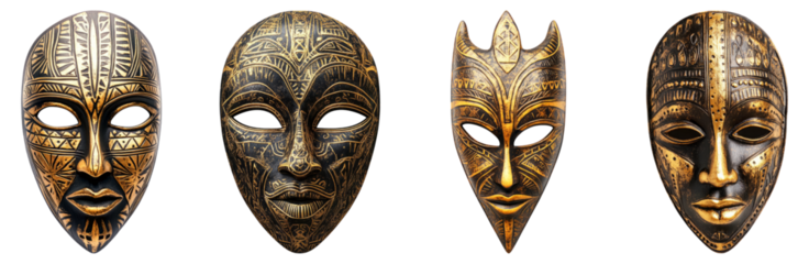 Traditional African Masks in Unique Styles and Designs, Isolated on Transparent Background