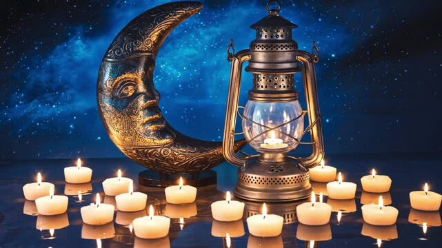 Still life with crescent moon face, oil lantern, and small candles against a starry night backdrop