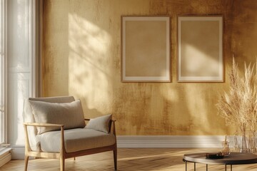 Sunlit living room with armchair, posters, and pampas grass.