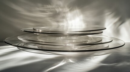 Elegant transparent plates stacked with light reflections and shadows