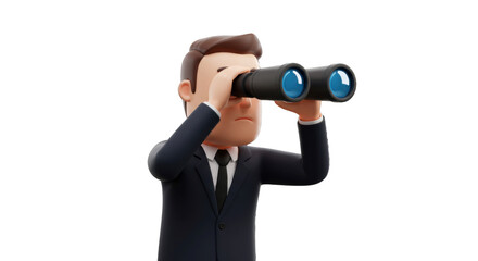 3D businessman observing through binoculars, searching for new team members. HR. Transparent background.