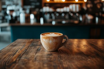 Empty wooden table with bokeh background of barista workplace, mockup for product display 