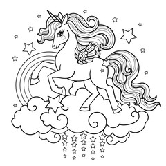 Unicorn with long mane and tail on a cloud. Black and white linear drawing. Isolated on white background. For children's design of coloring books, prints, posters, cards, stickers, etc. Vector illustr