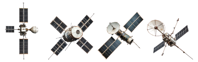 Various Satellite Models with Solar Panels and Communication Devices, Isolated on Transparent Background