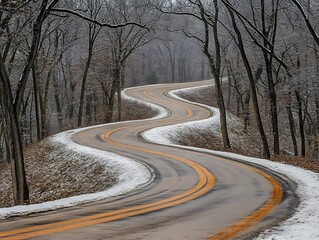 Fototapeta premium A winding road curves through a snow covered wooded landscape