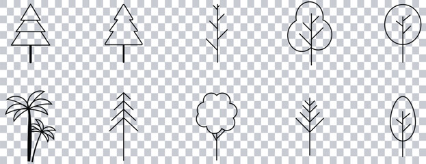 Tree Icon Set – Outline Minimal Trees Collection PNG on Transparent Background.