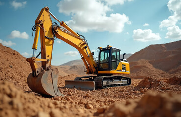 Yellow mini excavator at construction site against cloudy blue sky. Compact earthworks equipment indispensable assistant for digging, shoveling dirt, moving soil. Heavy industrial machine with