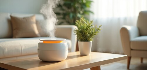 Obraz premium Photo shows humidifier on table spreading steam into living room. Portable air purifier and electric aroma diffuser for clean humidity and comfortable healthy lifestyle at home.