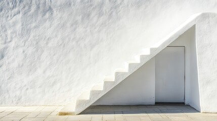 Obraz premium Elegant White Wall with Simple Staircase Leading to Closed Door