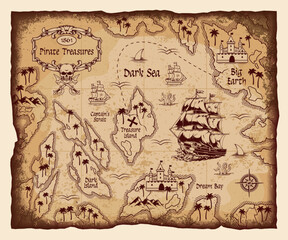 1861 pirate map shows ships and islands