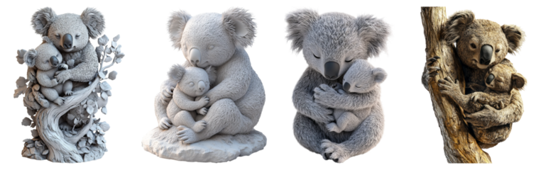 Tender Koala Family Embracing in Four Charming Sculptures, Isolated on Transparent Background