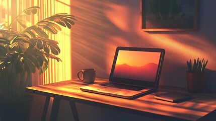 Sunset Hues Illuminate Cozy Home Workspace Laptop
