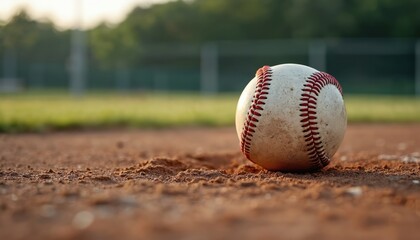 Close-up of used baseball with red stitching resting on infield dirt in late afternoon. Ball shows wear, tear with some orange color. Game season, summer sports recreation, team, hobby.