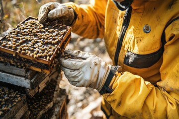 Close-up of a person in a yellow protective suit carefully inspecting honeycomb frames teeming with bees outdoors