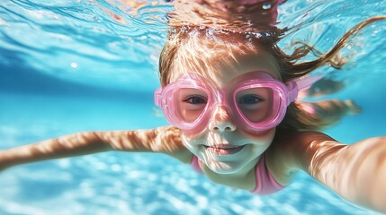 Naklejka premium A young girl wearing pink goggles is swimming in a pool