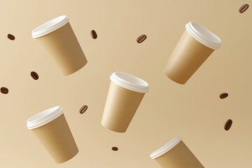 Takeaway paper cups falling on beige background