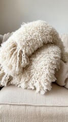 Cozy Home Decor: Soft Neutral Textiles and Warm Blanket for Modern Minimalist Living Room Aesthetic