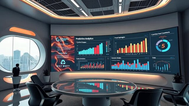 futuristic strategic analysis boardroom showcasing predictive analytics and actionable insights for data driven success