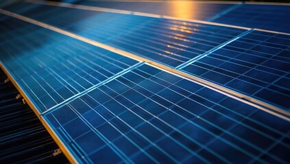 Close-up view of blue solar panels with water droplets, illuminated by warm light at night. Dark background