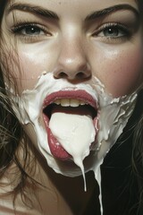 Artistic close-up image showing a woman's face, partially covered in creamy substance, emphasizing texture and expression.