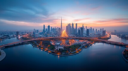 Fototapeta premium Cityscape Sunrise Aerial View Modern Architecture