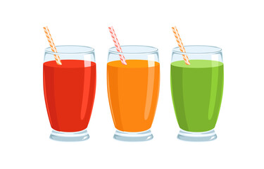Fresh juices in glasses isolated on white background. Red, orange and green juice. Vector cartoon flat illustration.