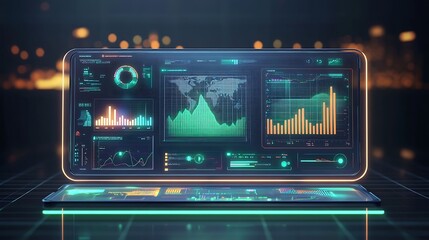 Futuristic data analytics dashboard with stock market charts and global data visualization display panel