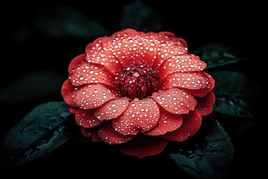 Dew-kissed red flower, dark background