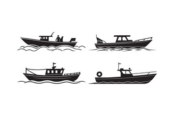 Fishing and Motor Boat Vector Silhouette Illustration Set