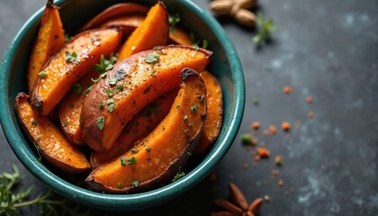 High-angle view of roasted sweet potato wedges served in bowl and garnished with colorful herbs and spices. Roasted orange sweet potatoes are healthy vegan snack or side dish.