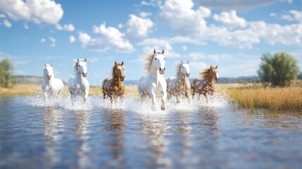 Naklejka premium Herd of white and chestnut horses galloping through shallow water under a bright, sunny sky.