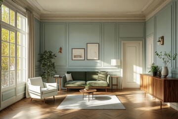 Sunlit living room with green sofa, armchair, and wooden sideboard.