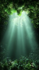 Fototapeta premium Serene Tropical Forest Landscape: Mystical Sunbeams Amidst Lush Greenery and Vibrant Canopy