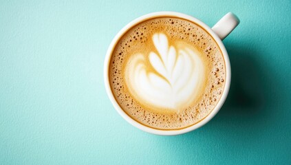 Latte art, coffee cup, teal background, overhead shot, cafe menu
