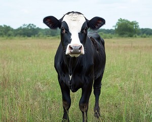 Black and White Calf in a Lush Meadow.