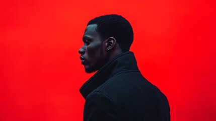 Stylish man in dark coat stands against a bold red backdrop, exuding mystery and fashion-forward elegance.