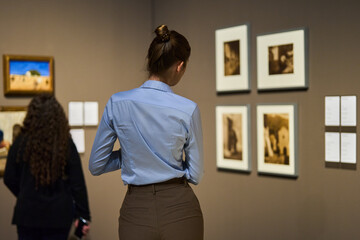 visitor in historical museum looking at art object
