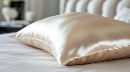 Obraz premium Close-up of a soft, luxurious satin pillow on a stylishly made bed, highlighting elegance and comfort in bedroom decor.
