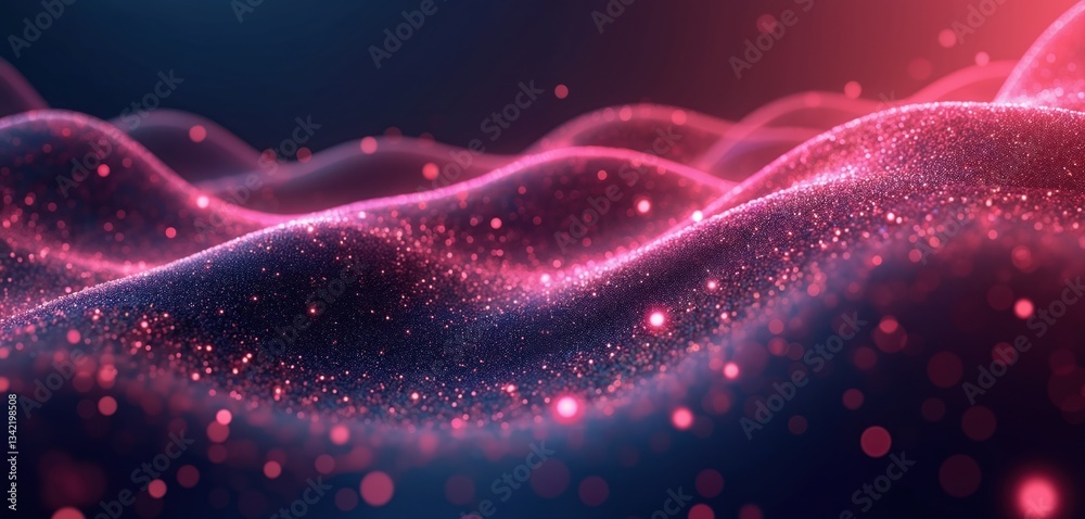 Poster Hi-tech illustration of abstract dynamic mesh background. Pink, dark blue colors. Digital data line connect. Particular wave motion. Big data tech visualization, three-dimensional swirl art wallpaper.