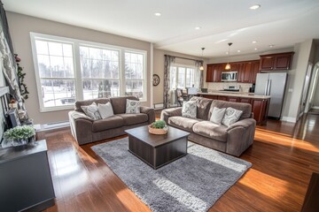 Sunlit living room with hardwood floors, sofas, and open kitchen.
