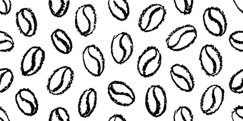 Coffee pattern, bean background. Vector crayon texture cafe seamless pattern. Coffee seed grain illustration. Line doodle sketch. Coffee shop border. Wallpaper print bg. Simple bean background design