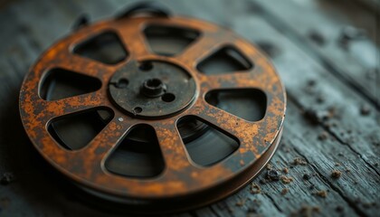 Obraz premium A vintage film reel with a worn, scratched surface is set against a weathered wooden background in muted gray tones.