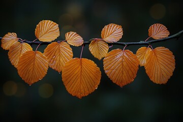 Obraz premium Autumnal Leaves on a Branch in Gloomy Woods.